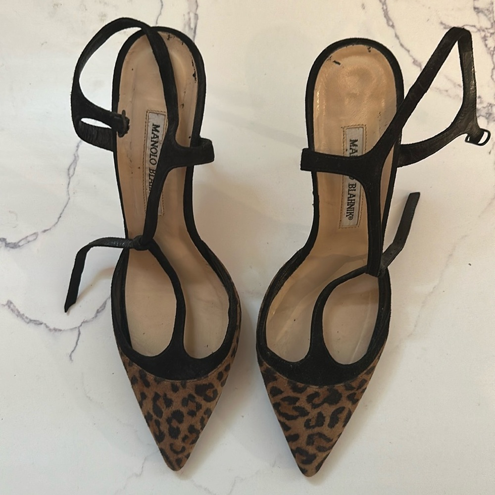 Manolo Blahnik Black and Brown Leopard Heels